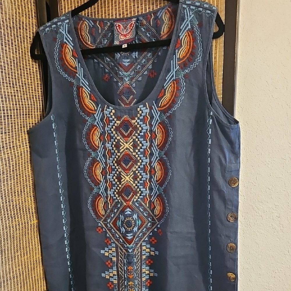 Johnny Was Multicolor Embroidered Linen Dress